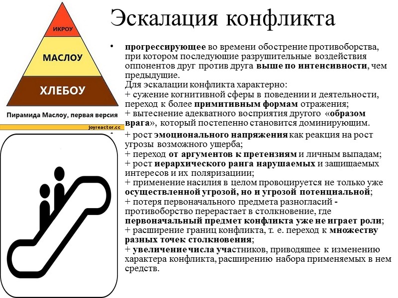 Эскалация конфликта  прогрессирующее во времени обострение противоборства, при котором последующие разрушительные воздействия оппонентов